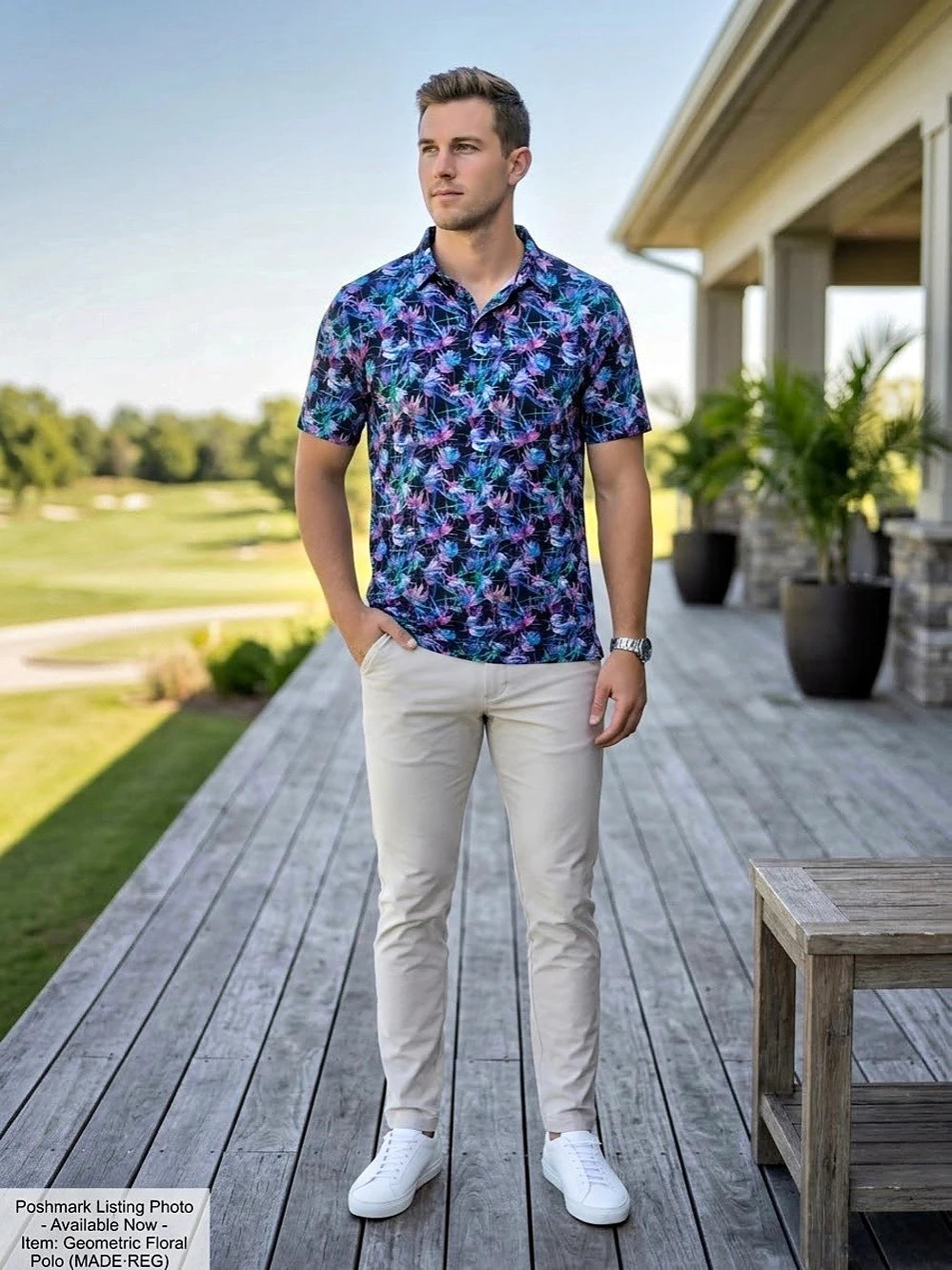 Maelreg Performance Jersey Print Polo Blue & White Large